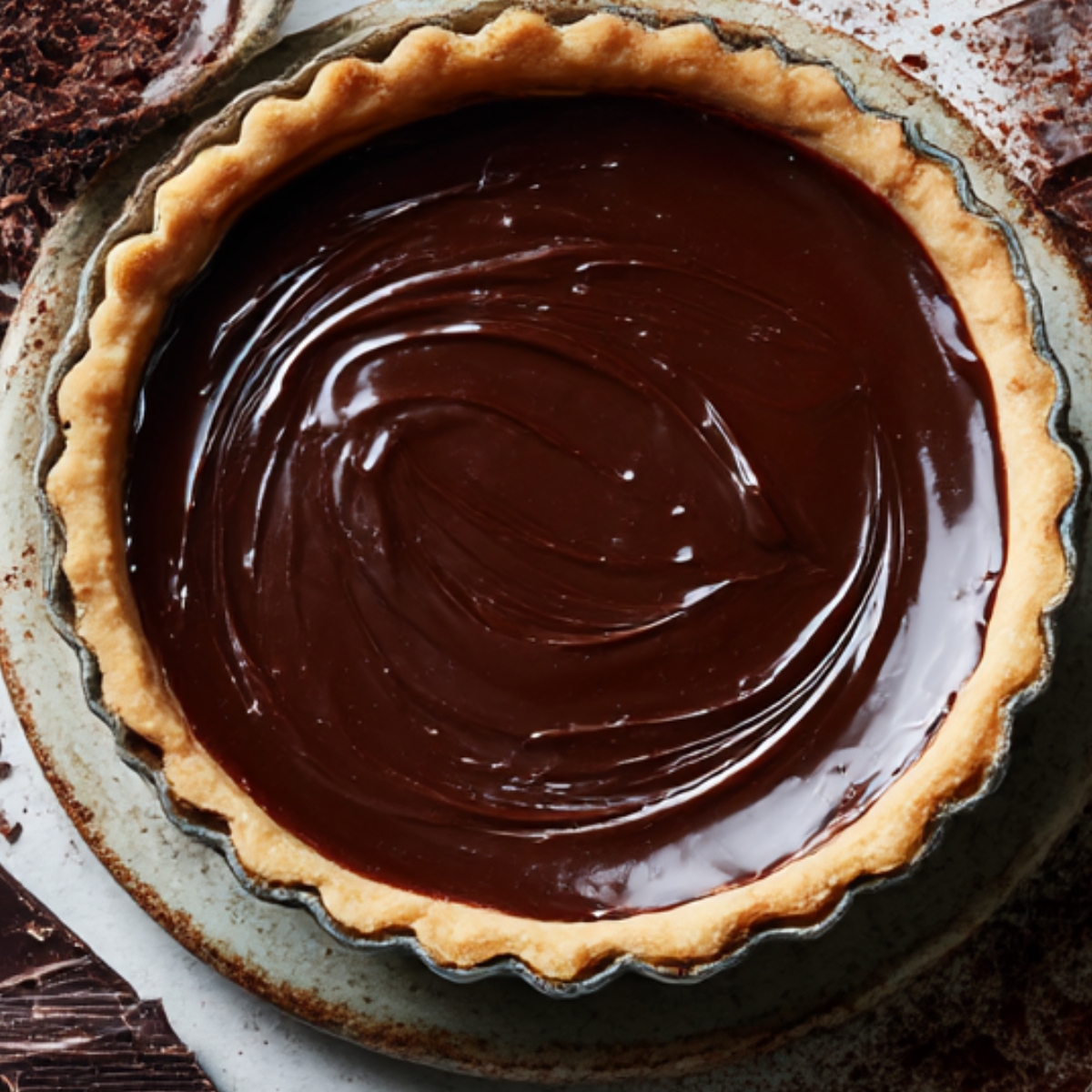Chocolate ganache tart with a smooth glossy filling inside a golden baked pie crust, set on a rustic metal plate.