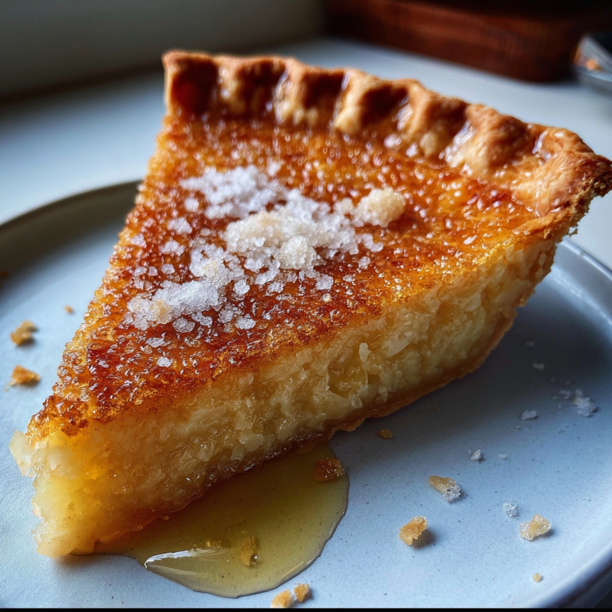 A close-up of a golden salted honey pie of pie with a glistening surface, sprinkled with coarse sugar and drizzled lightly with honey or syrup.