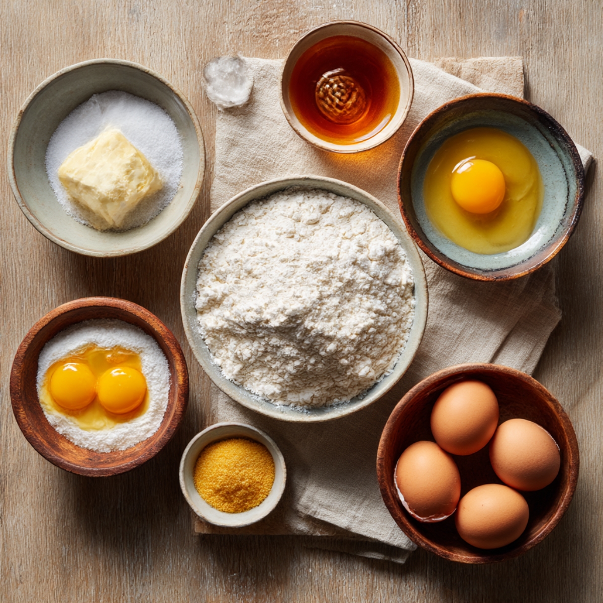A top-down view of various baking ingredients neatly arranged in small bowls on a wooden surface, including flour, butter, sugar, eggs, and honey.