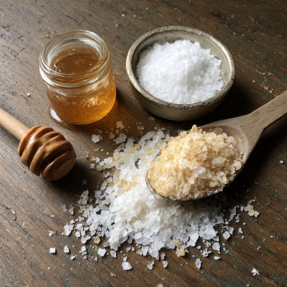 A rustic tabletop with a small jar of honey, a wooden spoon with coarse salt, and some flaky salt crystals scattered around.