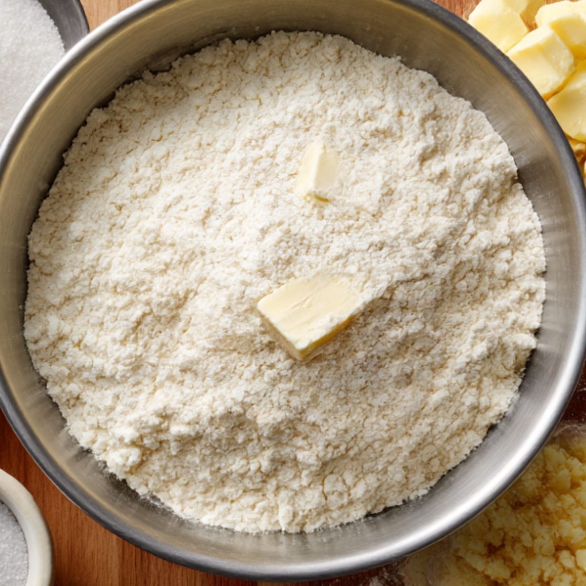 A metal mixing bowl containing flour and butter being cut in, forming a crumbly mixture for pastry dough.
