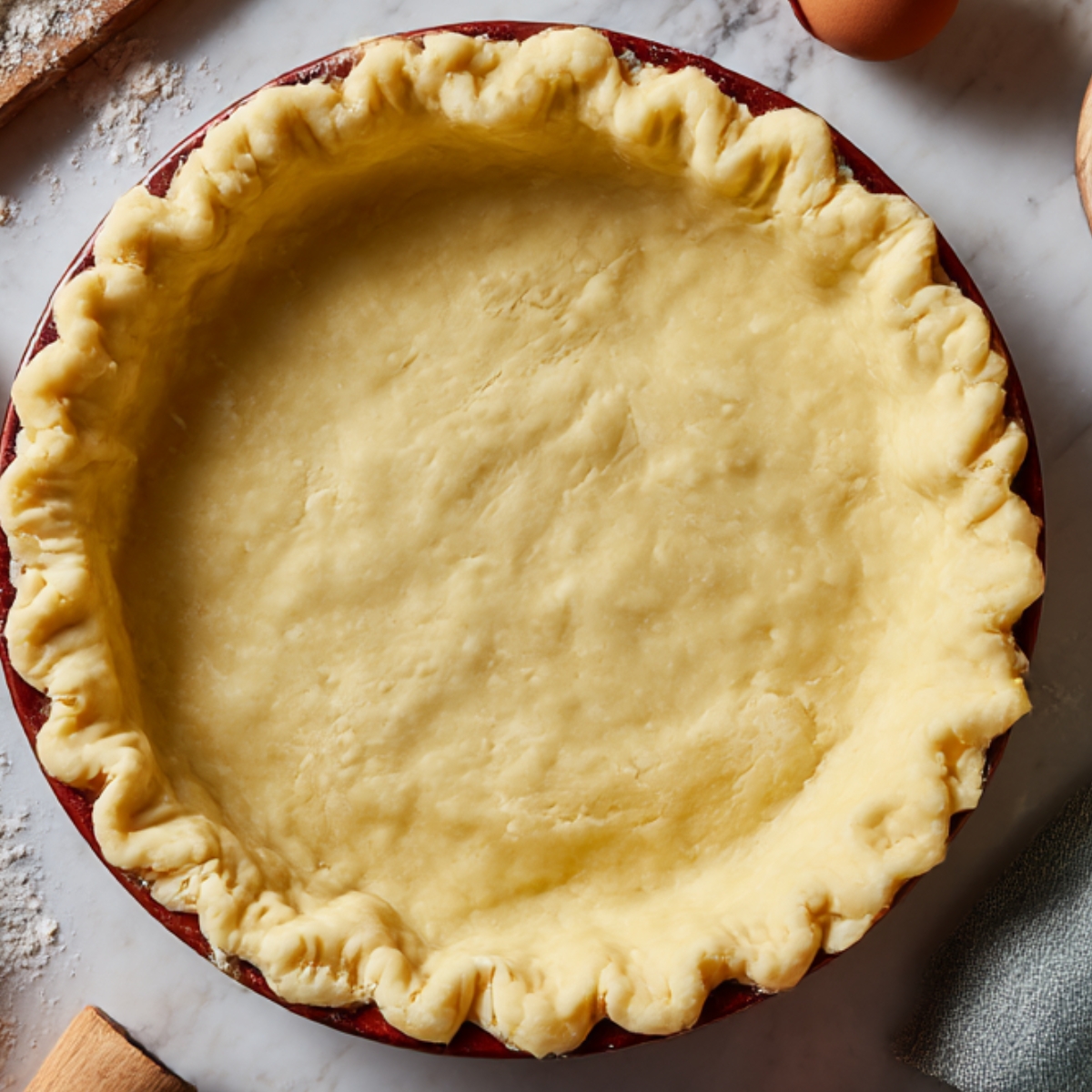An unbaked pie crust with fluted edges in a pie dish, ready for filling, on a marble countertop with a towel nearby.