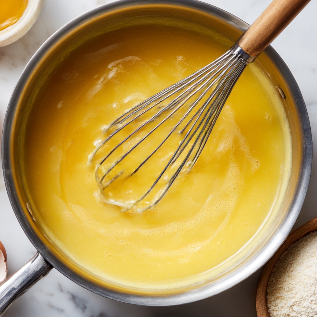 A saucepan filled with a thick yellow custard or lemon curd, being whisked to a smooth consistency.