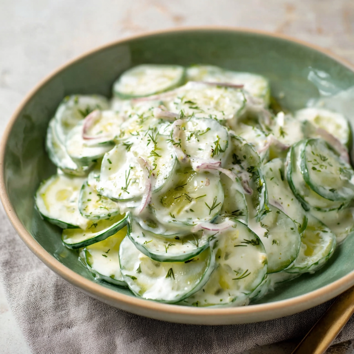 A serving bowl of creamy cucumber salad with thin cucumber slices and red onions coated in a white dressing, garnished with dill and a drizzle of olive oil.