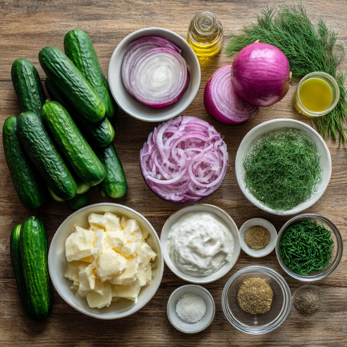 A wooden table laid out with fresh ingredients for a salad, including cucumbers, red onions (whole and sliced), dill, sour cream, olive oil, seasonings, and other condiments in small bowls.