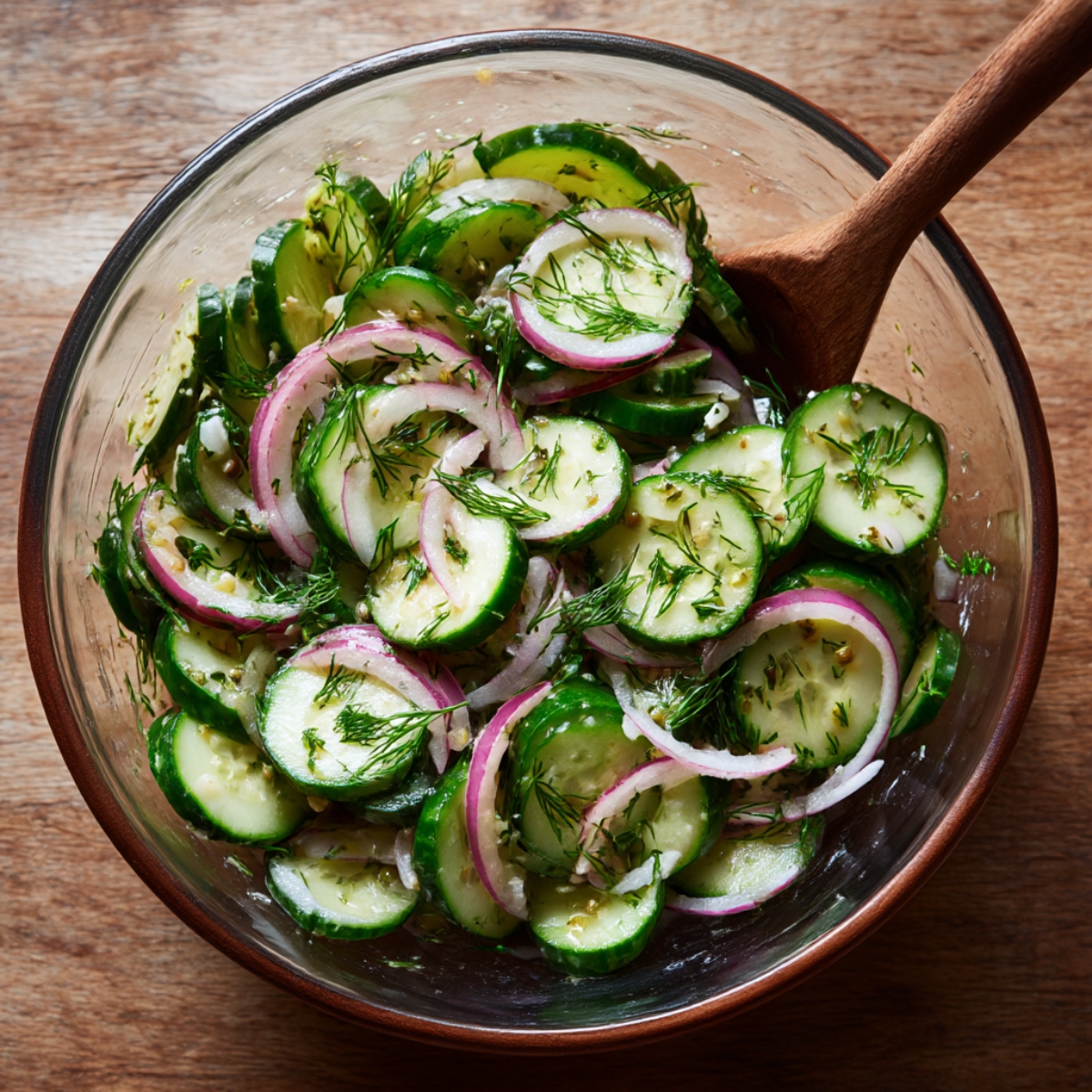 A glass bowl filled with cucumber salad made of thinly sliced cucumbers, red onions, and fresh dill, tossed in a light vinaigrette with visible herbs and seasoning.