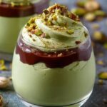 A glass cup filled with layers of pale green pistachio mousse. and rich dark chocolate ganache, topped with chopped pistachios and piped mousse swirls.