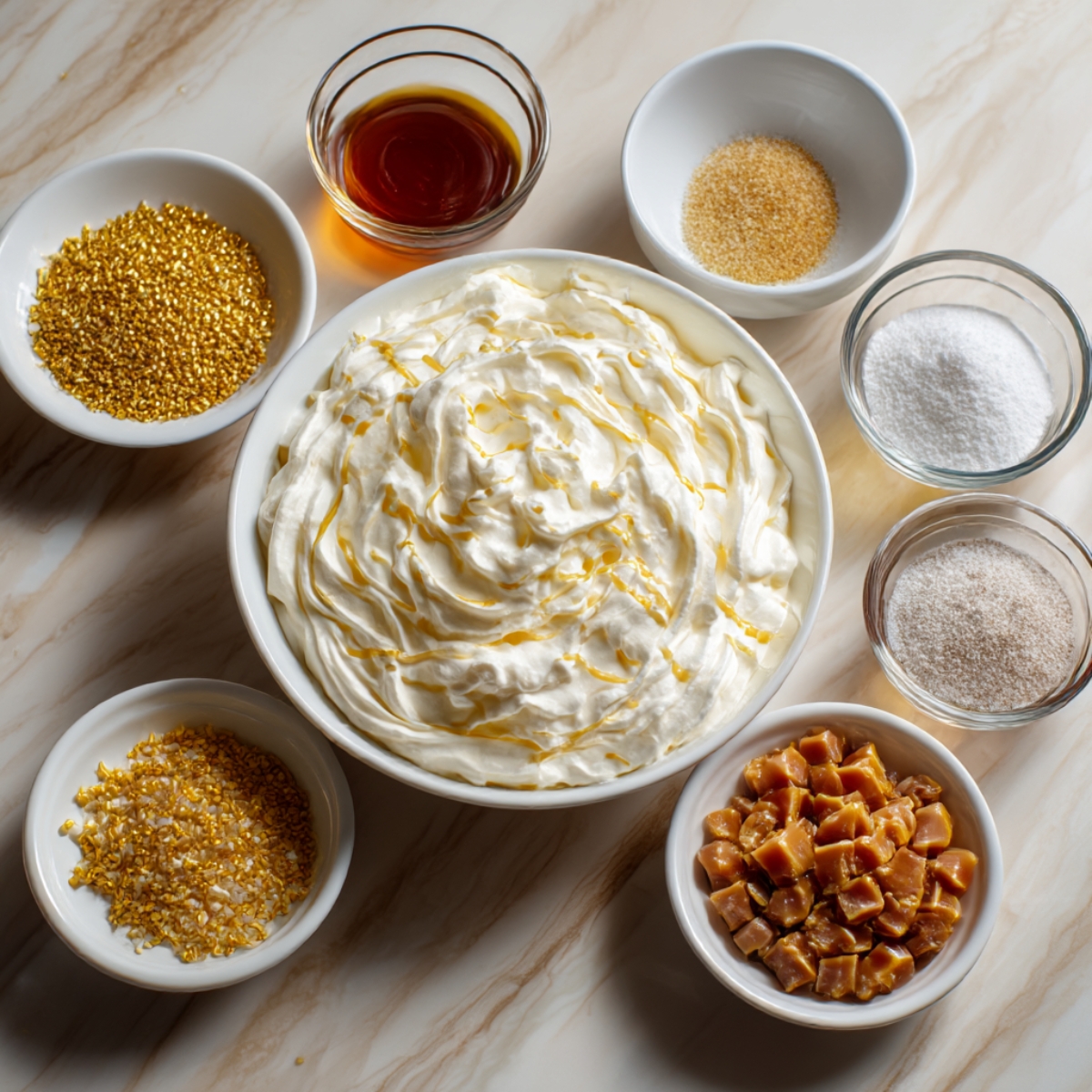 A set of bowls containing whipped cream, caramel cubes, sugar, syrup, and golden sprinkles — ingredients for caramel cupcake topping.