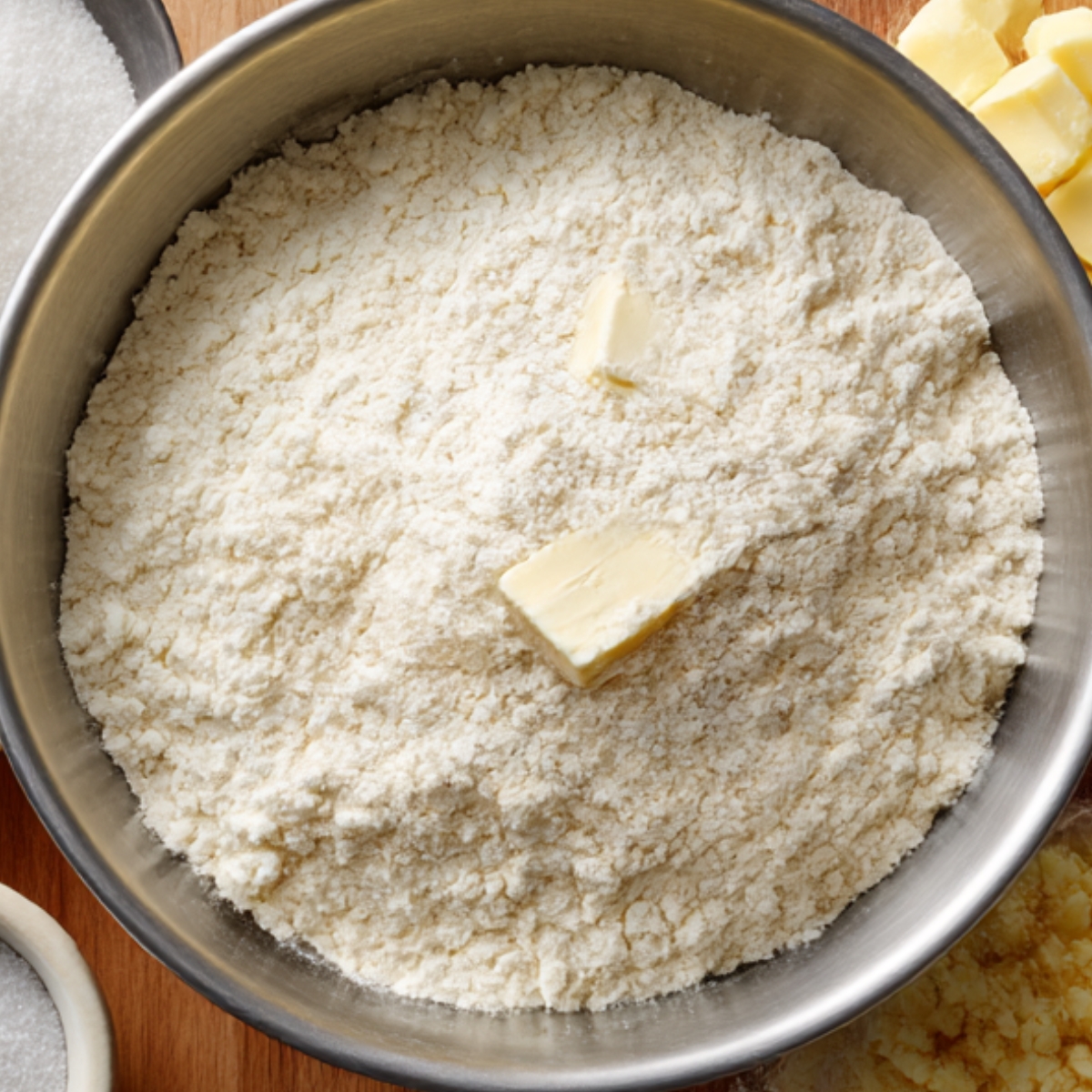 A metal mixing bowl with flour and chunks of butter, showing the early stages of combining dry and wet ingredients for baking.