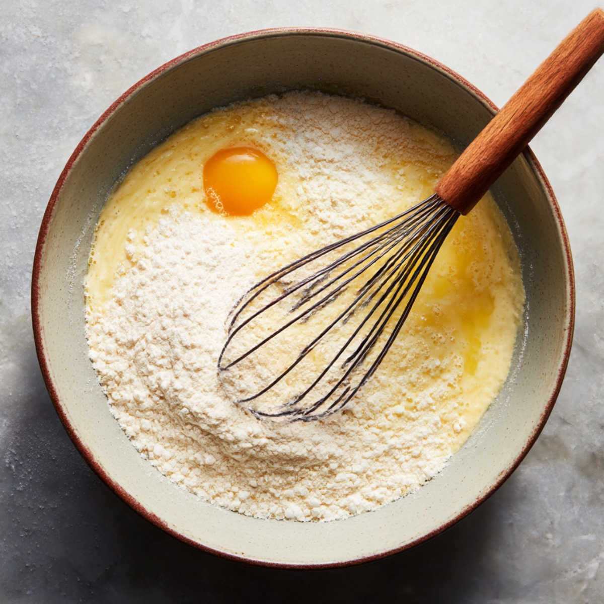 A mixing bowl containing flour, an egg, and batter, with a whisk resting inside — in the process of making cupcake batter.