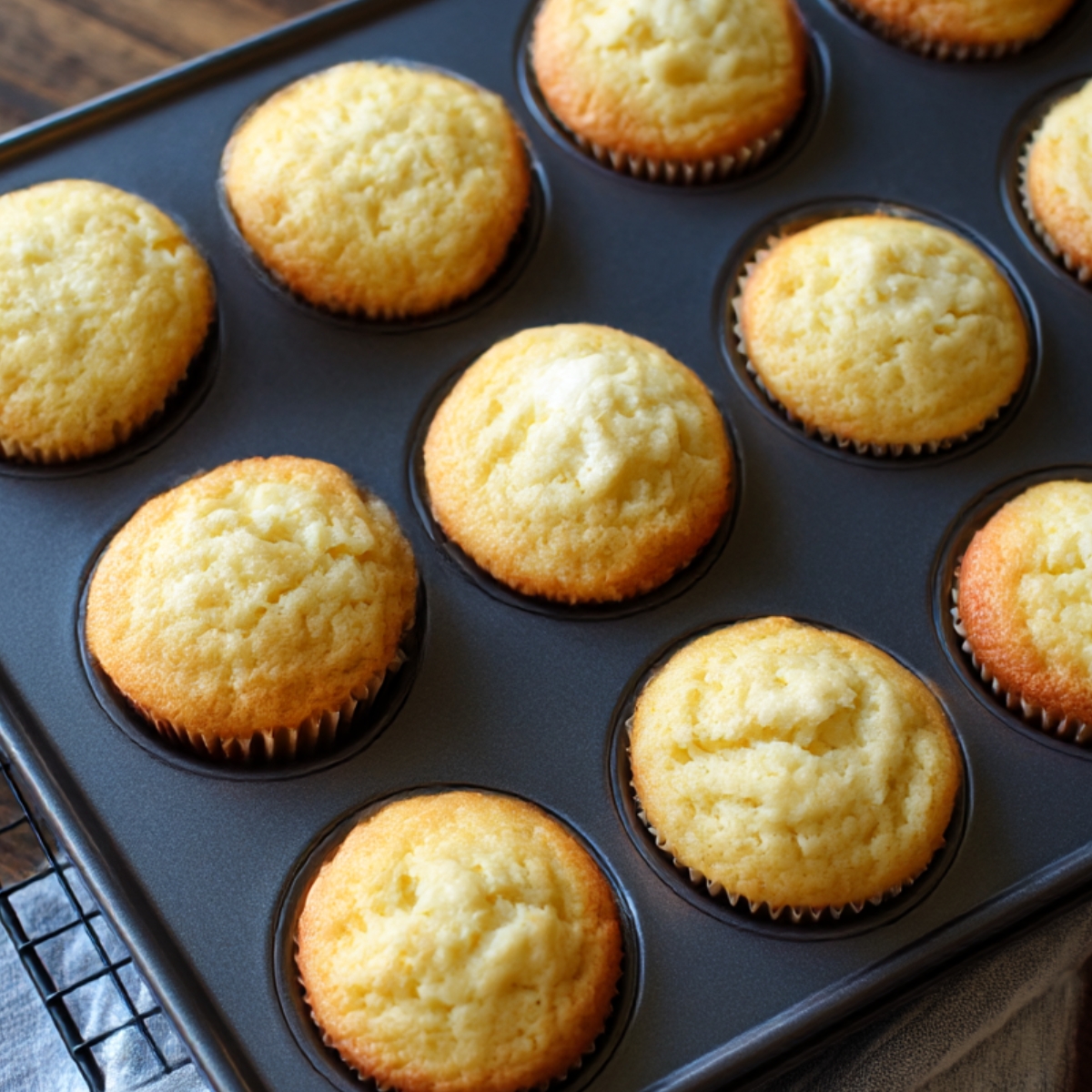 A tray of freshly baked golden vanilla cupcakes cooling in a muffin tin on a wire rack.