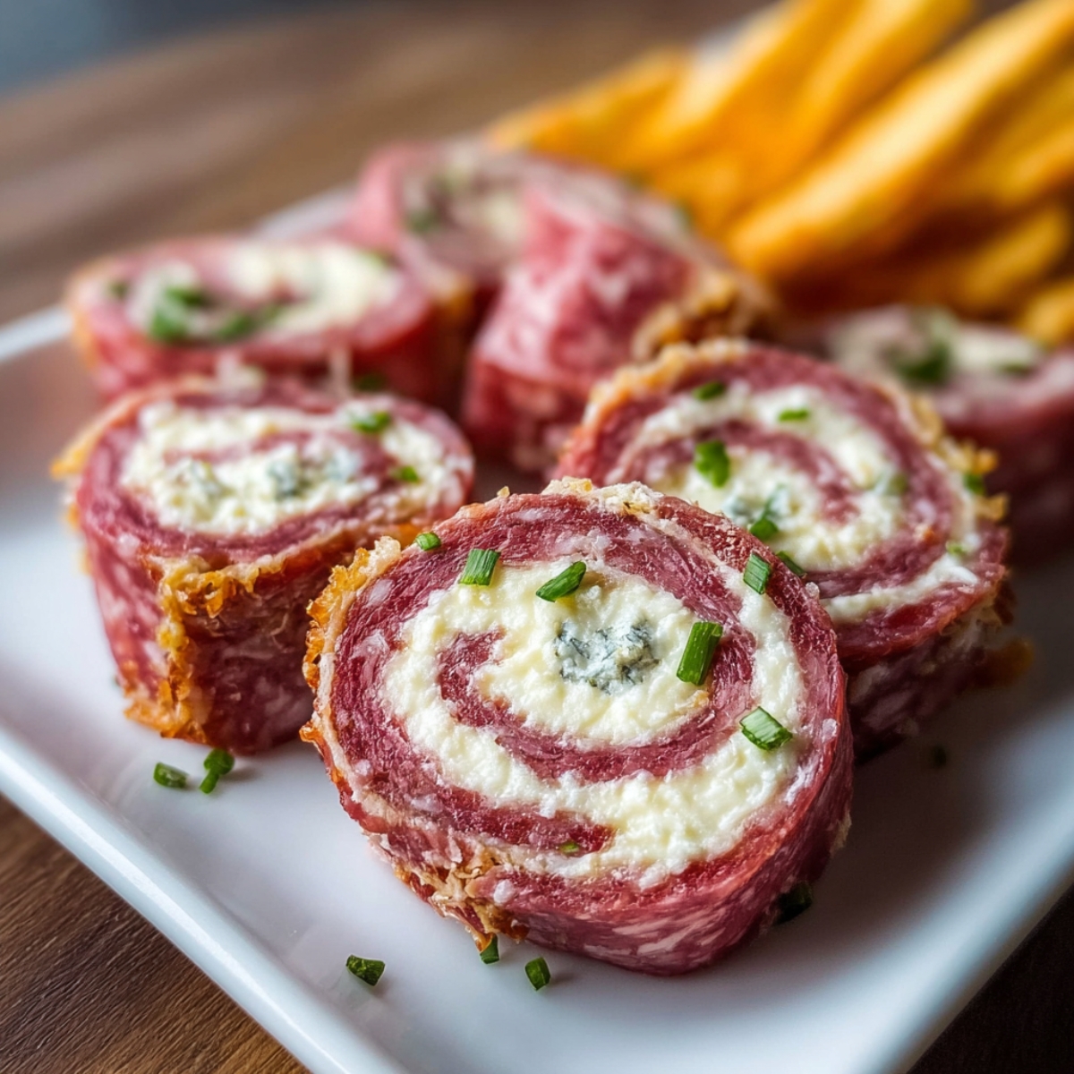 Rolled HOMEMADE salami cream cheese roll ups with cheese and garnished with chopped chives, arranged on a white serving plate beside breadsticks.