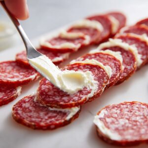 A flat lay of ingredients for salami and cheese rolls, including salami slices, pickles, cream cheese, herbs, garlic, lemon, olive oil, and seasoning.