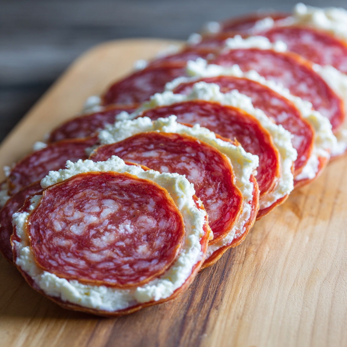 lSlices of salami spread with creamy white cheese arranged in a neat overlapping row on a wooden cutting board.