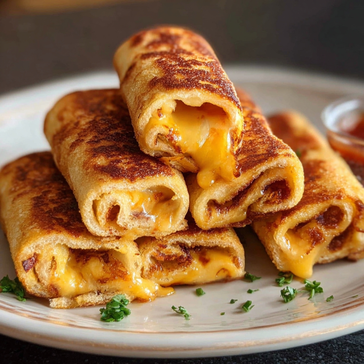 grilled cheese roll ups bites skewered on sticks and frying in a pan until crisp and toasted.
