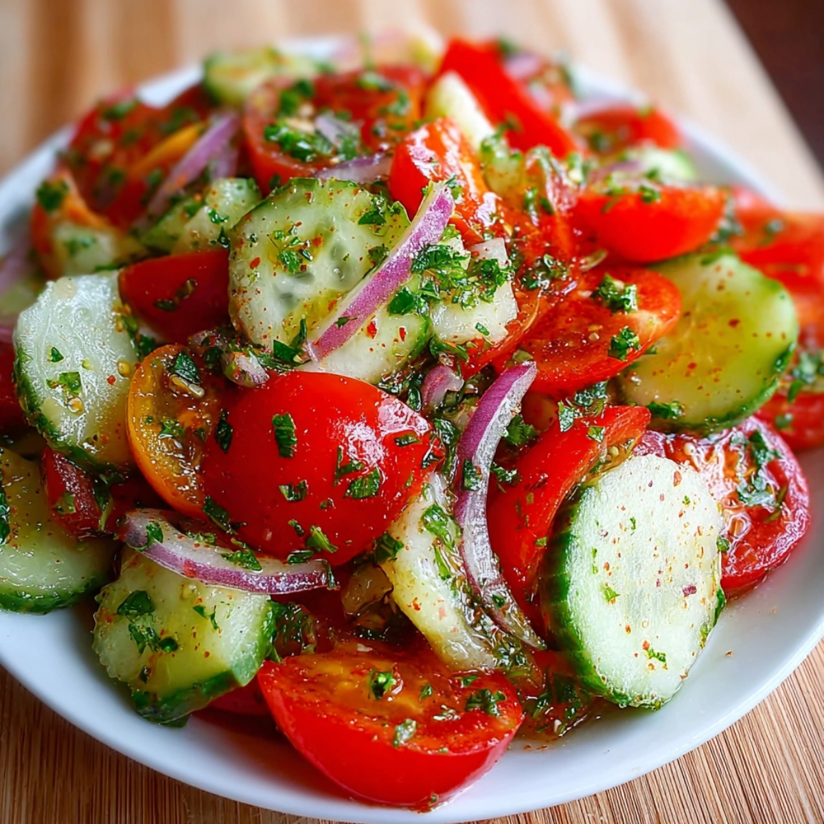 A vibrant cucumber tomato salad with sliced cucumbers, cherry tomatoes, red onions, and chopped herbs tossed in a light vinaigrette.