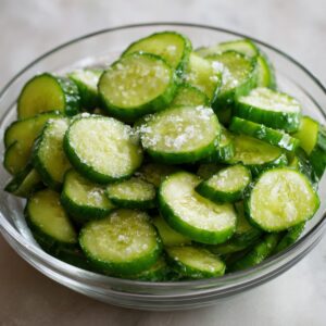 A glass bowl of sliced cucumbers sprinkled with coarse salt, prepared for marinating or seasoning.