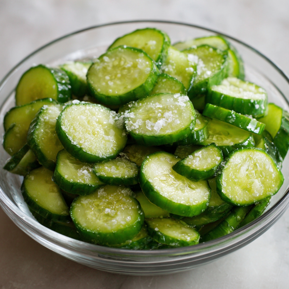 A glass bowl of sliced cucumbers sprinkled with coarse salt, prepared for marinating or seasoning.