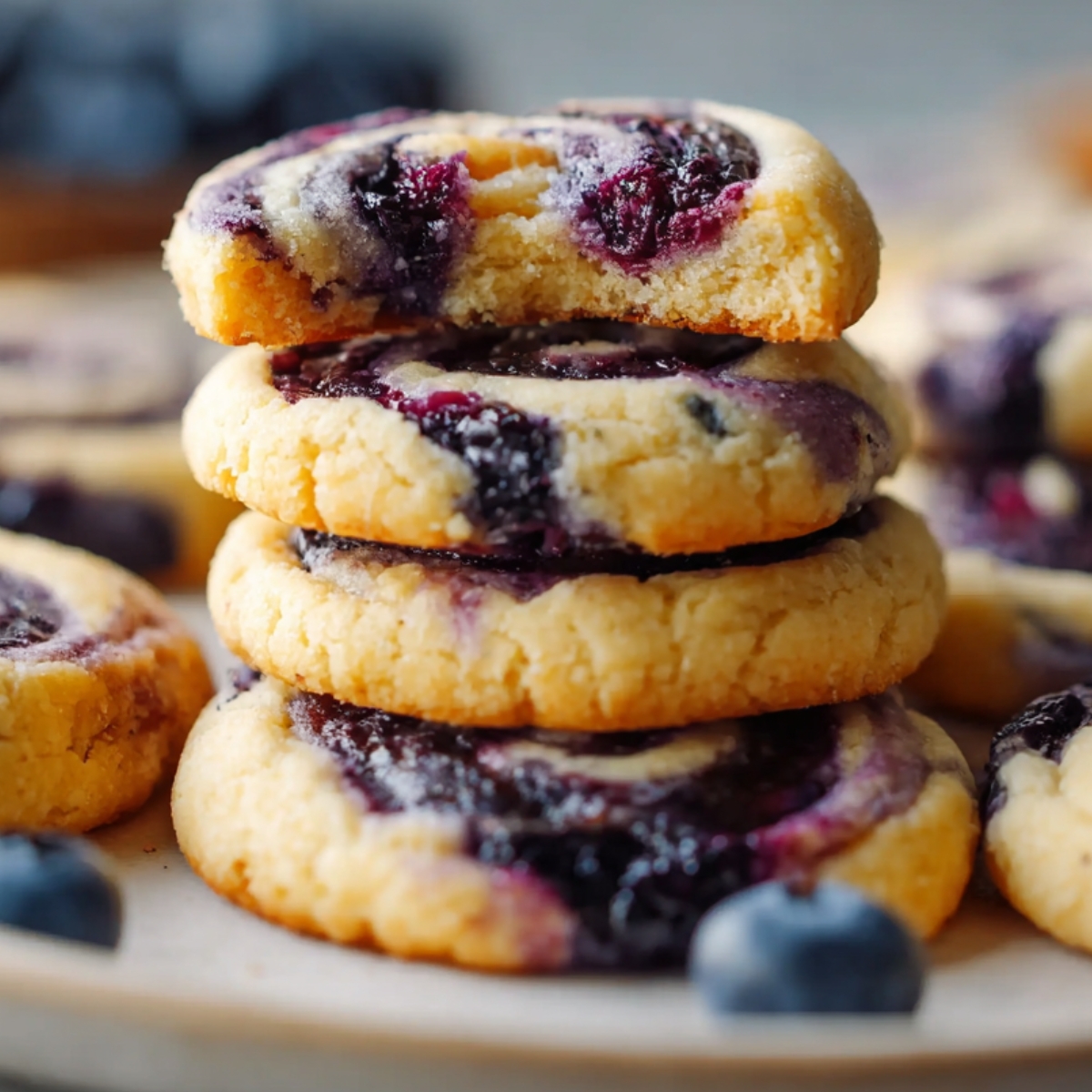 A stack of golden blueberry cheesecake swirl cookies with swirls of blueberry filling, showing their soft texture and rich flavor.