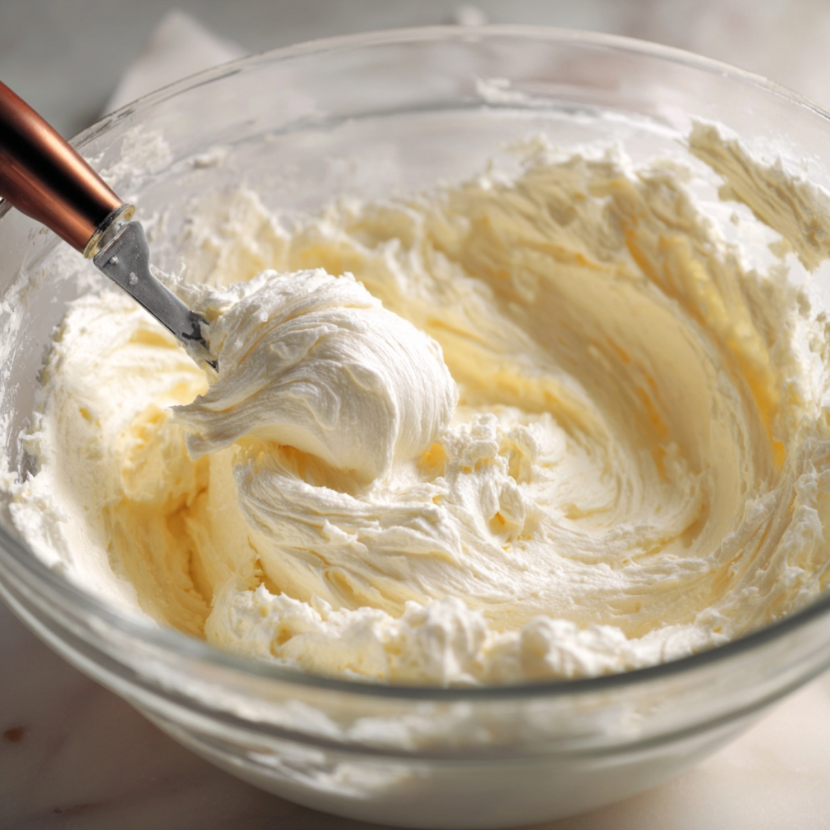 A glass bowl filled with fluffy cream cheese frosting being whipped with a spatula until smooth and creamy.