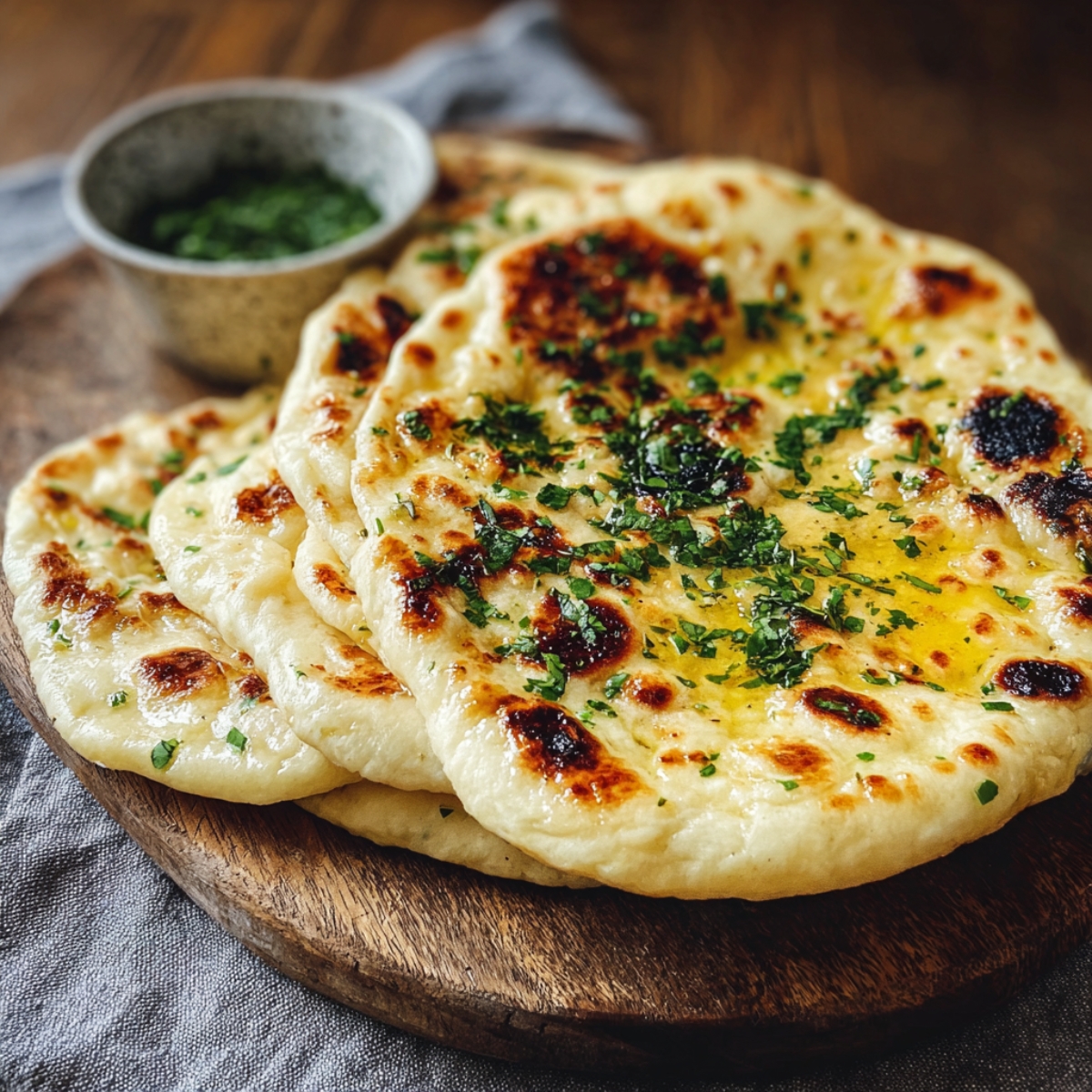 Freshly cooked garlic HOMEMADE naan bread brushed with melted butter and sprinkled with chopped herbs, served on a wooden plate.