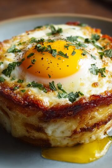 A single golden-brown baked eggs napoleon on a gray plate, featuring a perfectly cooked sunny-side-up egg on top, garnished with chopped herbs. The layers of pastry are visible and a bit of yolk has started to run out.