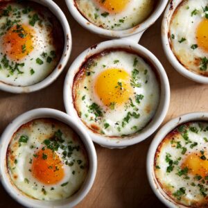 Small white ramekins filled with baked eggs, each with a golden yolk and lightly set whites, sprinkled with chopped herbs and black pepper. The edges are slightly browned and crispy.