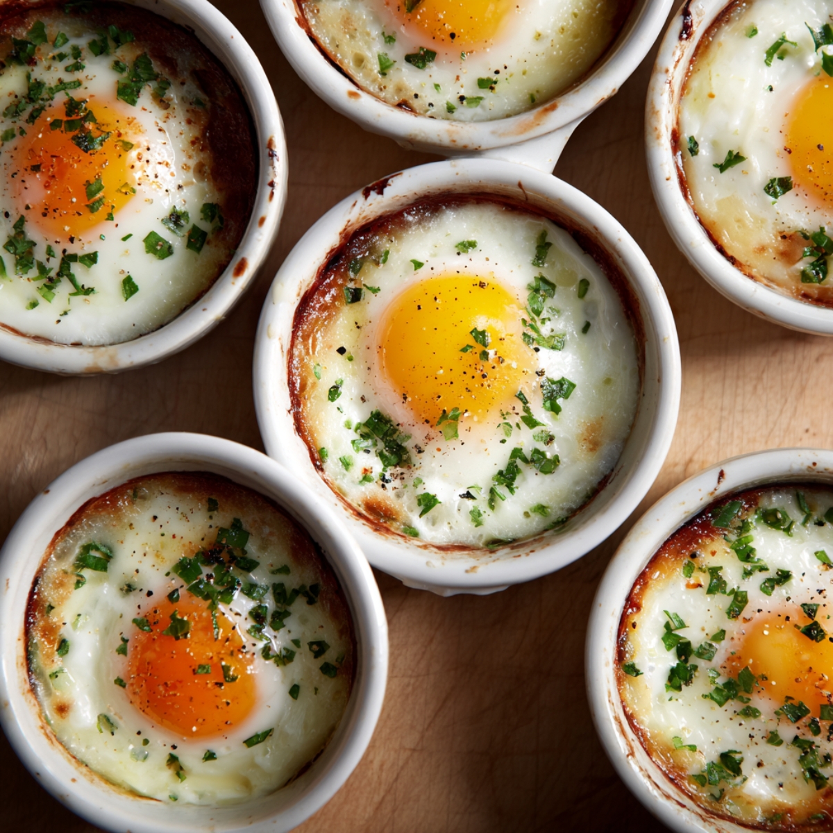 Small white ramekins filled with baked eggs, each with a golden yolk and lightly set whites, sprinkled with chopped herbs and black pepper. The edges are slightly browned and crispy.