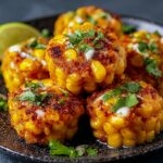 Crispy, golden- HOMEMADE Mexican corn bites arranged on a dark plate, drizzled with creamy sauce and sprinkled with cilantro. The corn is caramelized on the edges and served with lime wedges.