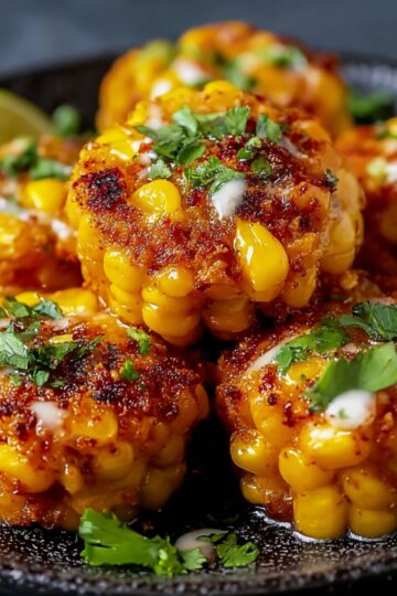 Crispy, golden- HOMEMADE Mexican corn bites arranged on a dark plate, drizzled with creamy sauce and sprinkled with cilantro. The corn is caramelized on the edges and served with lime wedges.