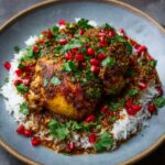 Persian chicken served over basmati rice, garnished with fresh cilantro and pomegranate seeds on a grey plate.