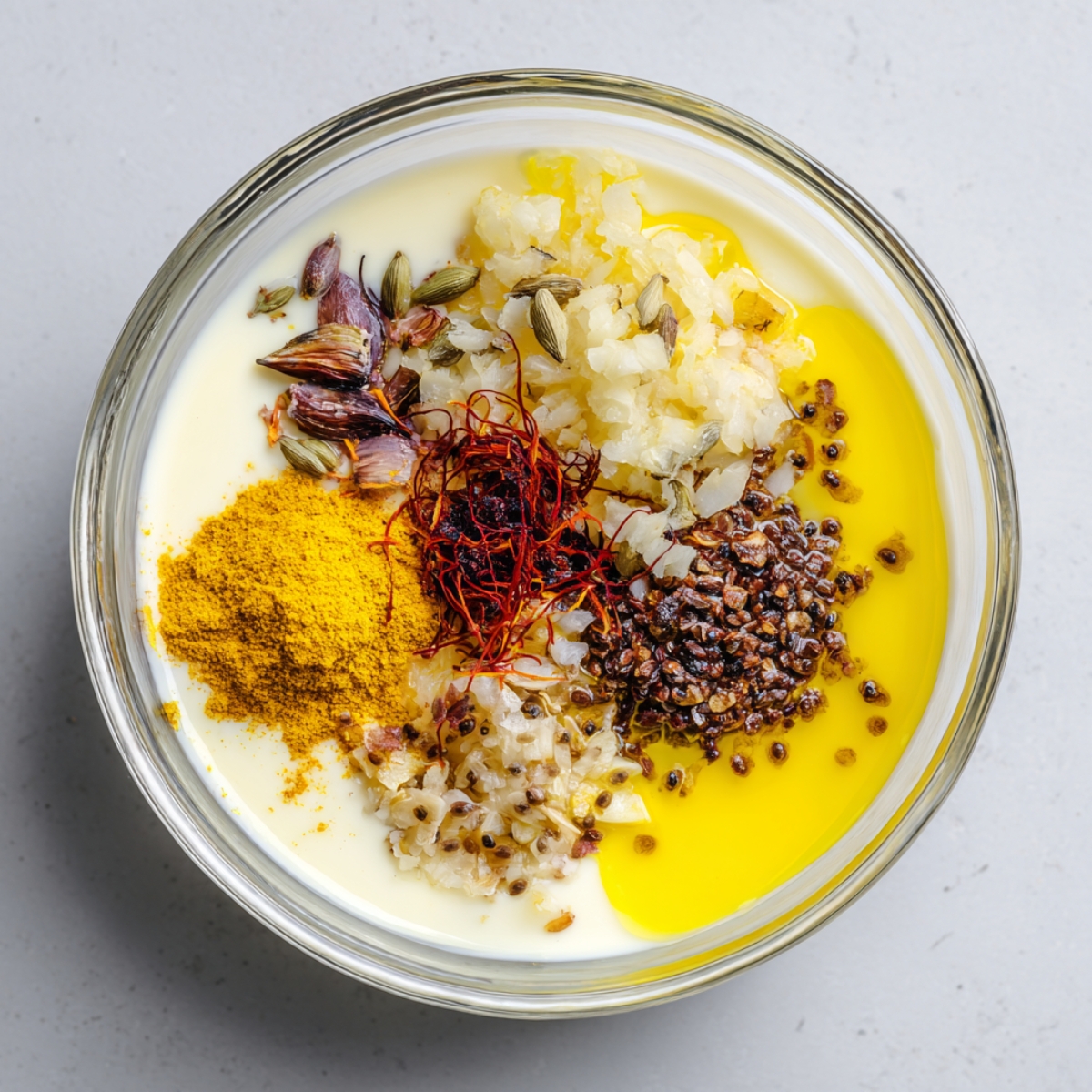 Bowl of yogurt marinade with spices including turmeric, garlic, mustard seeds, and saffron, ready for mixing.