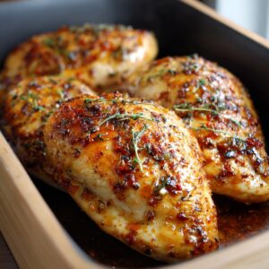 Roasted chicken breasts coated with a spicy glaze and fresh herbs, baked until golden brown in a dish.
