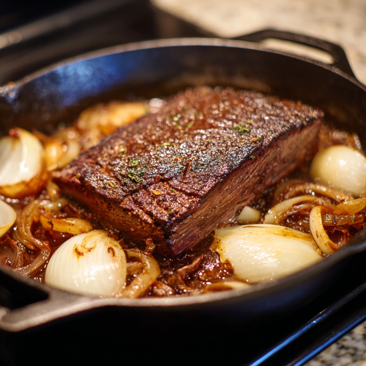 Tender beef brisket roasting in a cast iron skillet with caramelized onions and rich brown gravy.