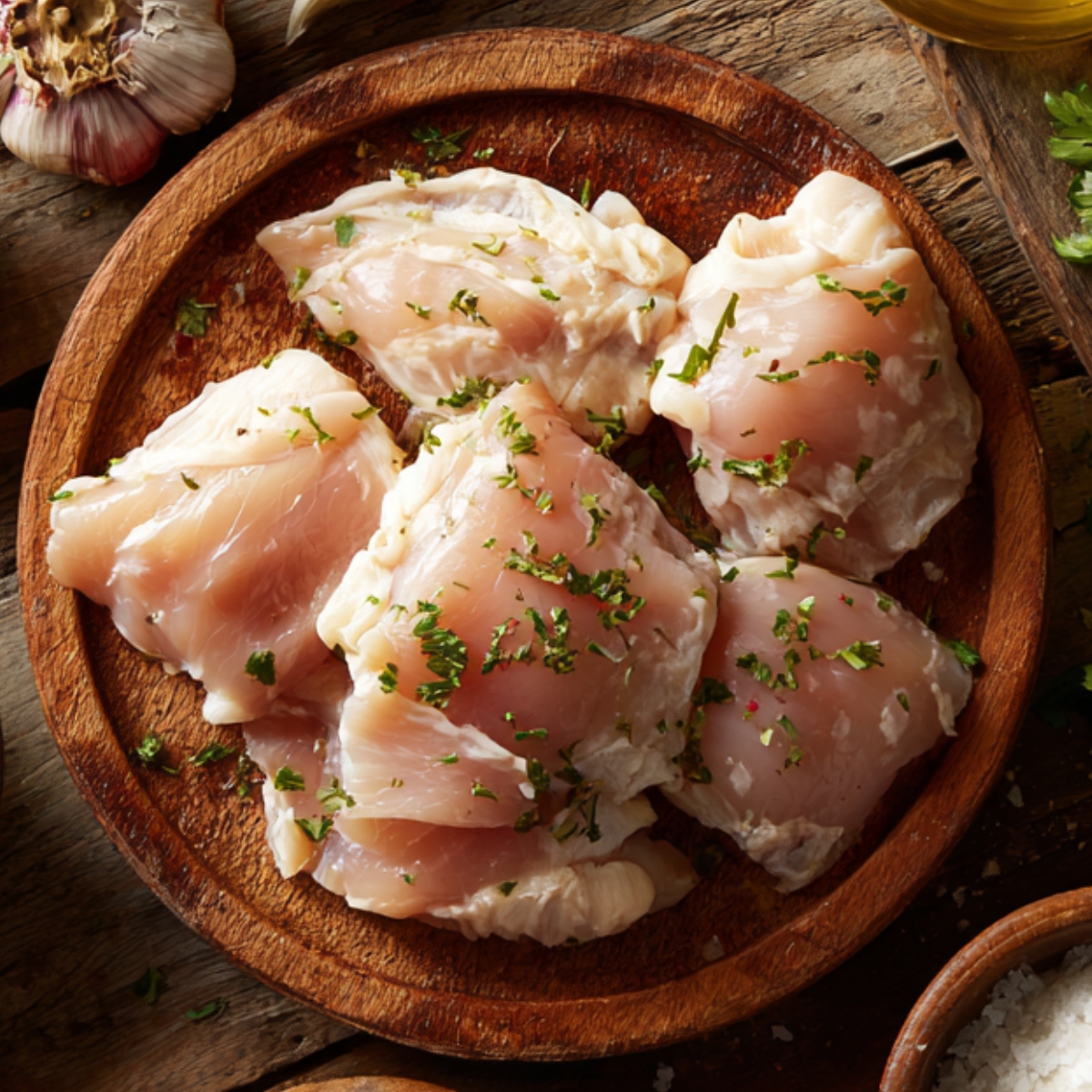 Raw chicken thighs seasoned with herbs and salt on a wooden plate, ready for cooking.