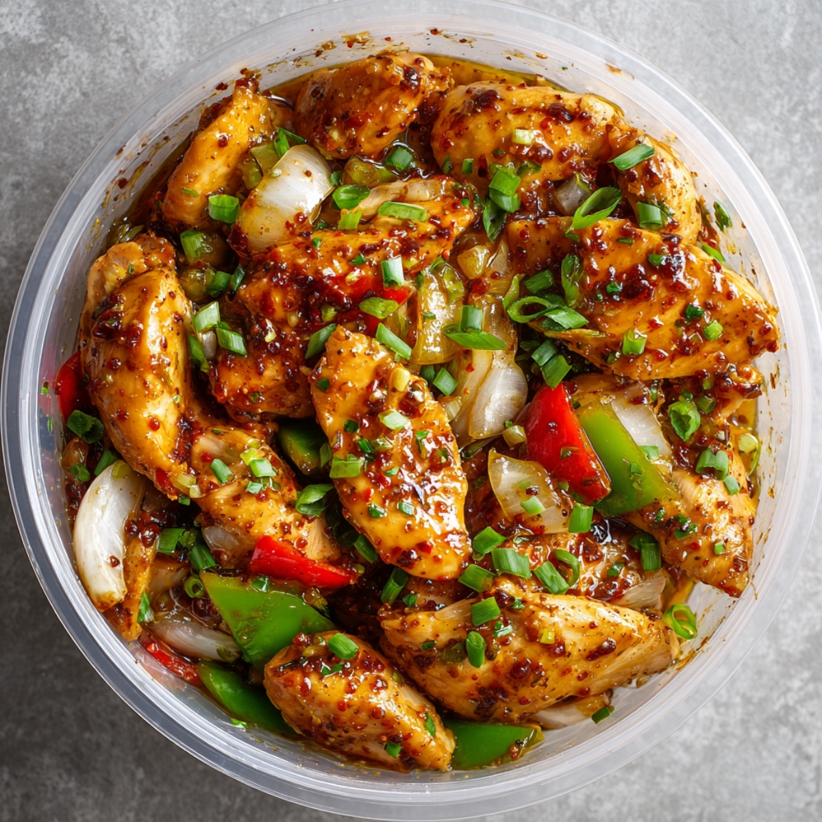Spicy stir-fried chicken pieces with bell peppers, onions, and chili sauce, garnished with chopped green onions in a plastic container.