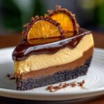Slice of chocolate orange cheesecake orange cheesecake topped with glossy chocolate ganache and candied orange slices on a white plate.
