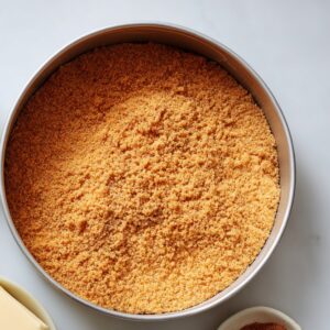 Crushed biscuit crust mixture evenly pressed into a round baking pan, ready for cheesecake preparation.