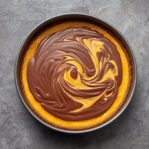 Chocolate and orange cheesecake in a baking pan with a marbled swirl of melted chocolate and orange filling on top.