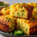 Freshly baked HOMEMADE cheddar jalapeño cornbread squares garnished with green chives, served on a dark plate with sliced jalapeños.