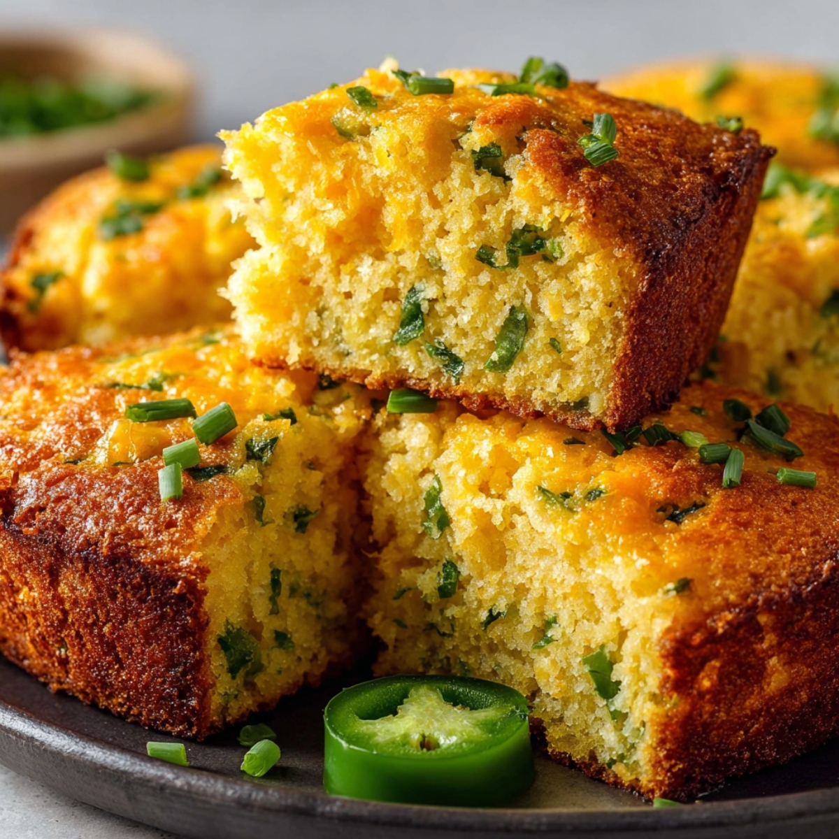 Freshly baked HOMEMADE cheddar jalapeño cornbread squares garnished with green chives, served on a dark plate with sliced jalapeños.