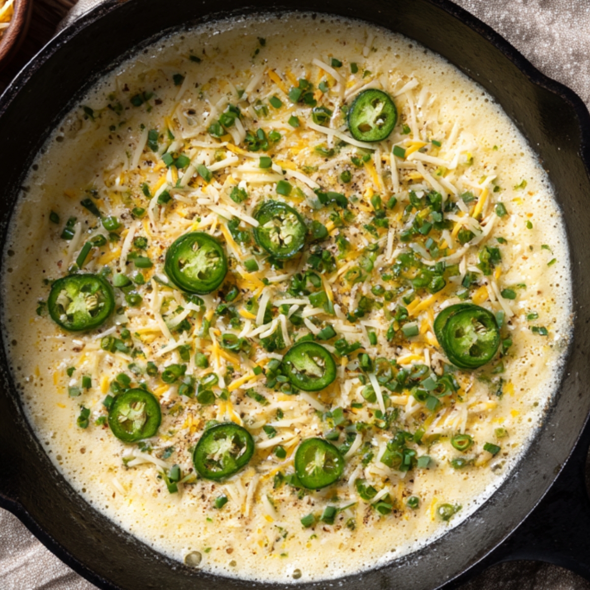 Cornbread batter topped with shredded cheese, jalapeño slices, and chopped chives in a cast-iron skillet before baking.