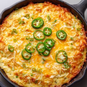 Golden baked jalapeño cheese cornbread in a cast-iron skillet, topped with sliced jalapeños and melted cheddar cheese.