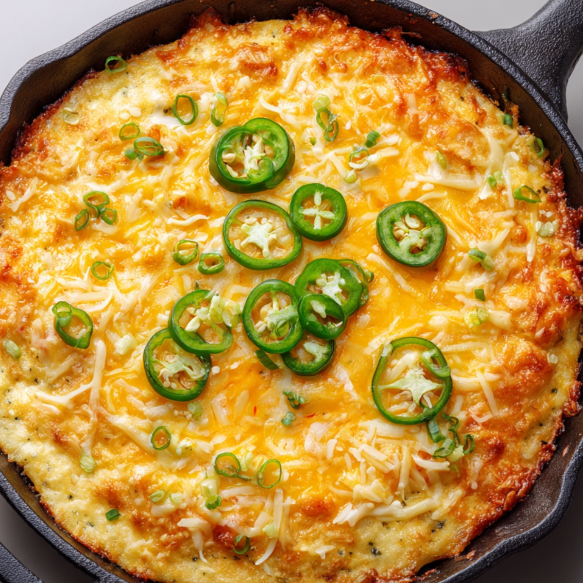 Golden baked jalapeño cheese cornbread in a cast-iron skillet, topped with sliced jalapeños and melted cheddar cheese.