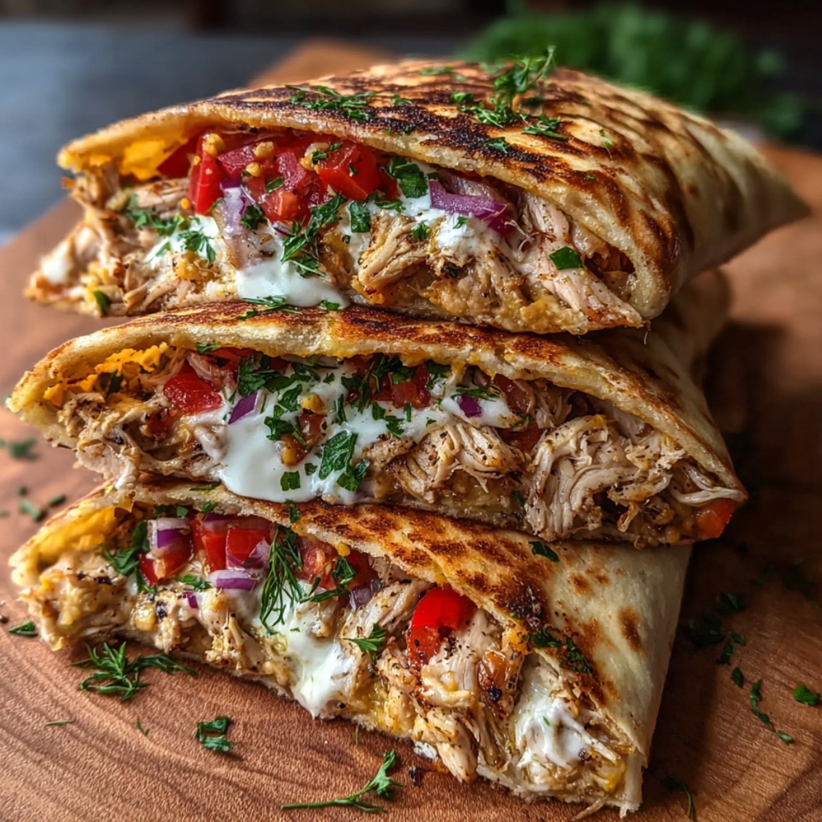 “Stacked halves of grilled Chicken Pitas filled with shredded chicken, diced tomatoes, red onions, herbs, and creamy ranch sauce on a wooden board.”