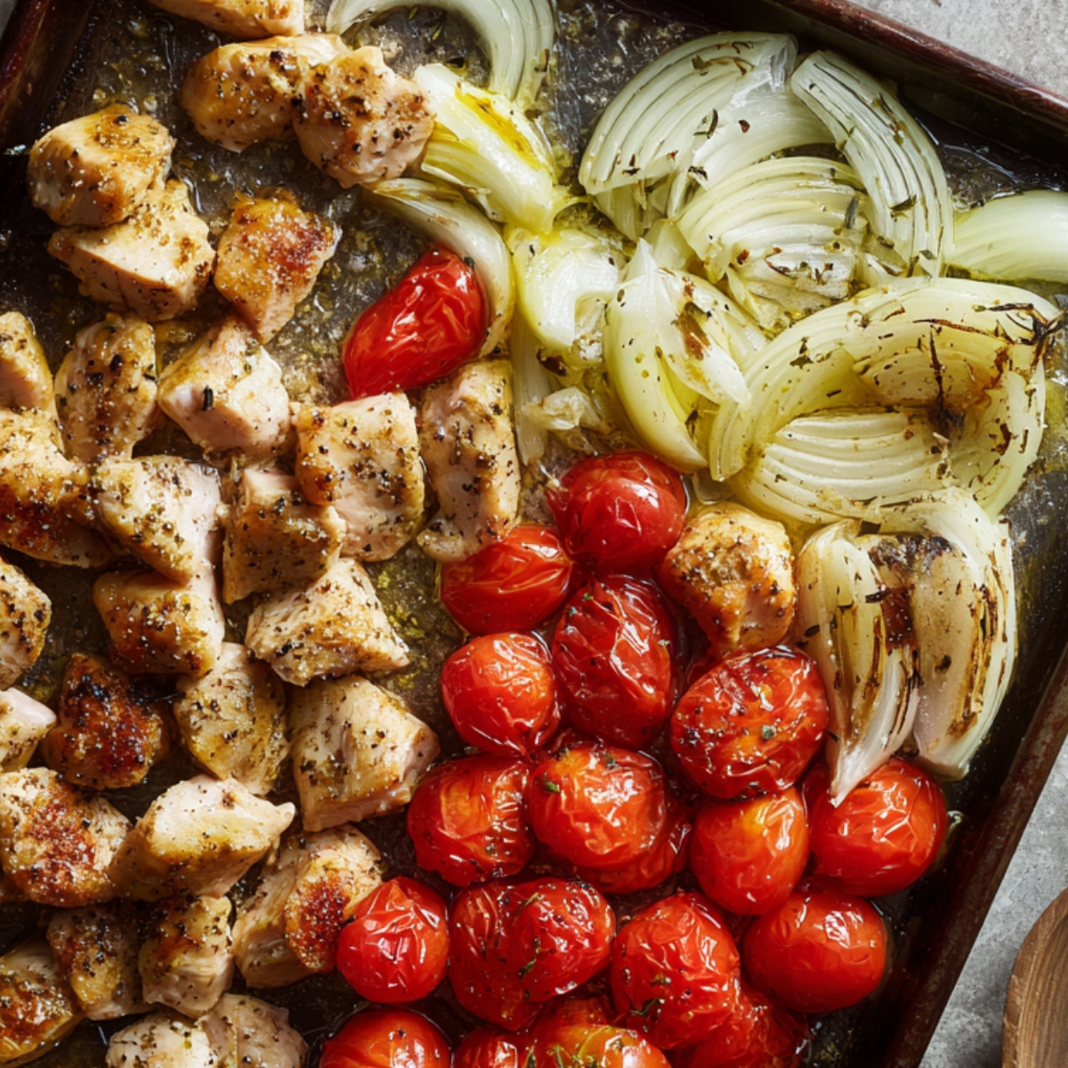 “A sheet pan with roasted chicken pieces, blistered cherry tomatoes, and caramelized onions, glistening with olive oil and herbs.”