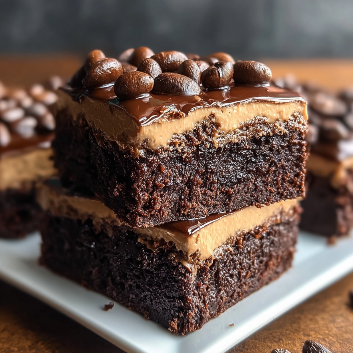 “Two stacked squares of fudgy coffee brownies topped with a creamy mocha frosting and decorated with glossy chocolate-covered coffee beans.”