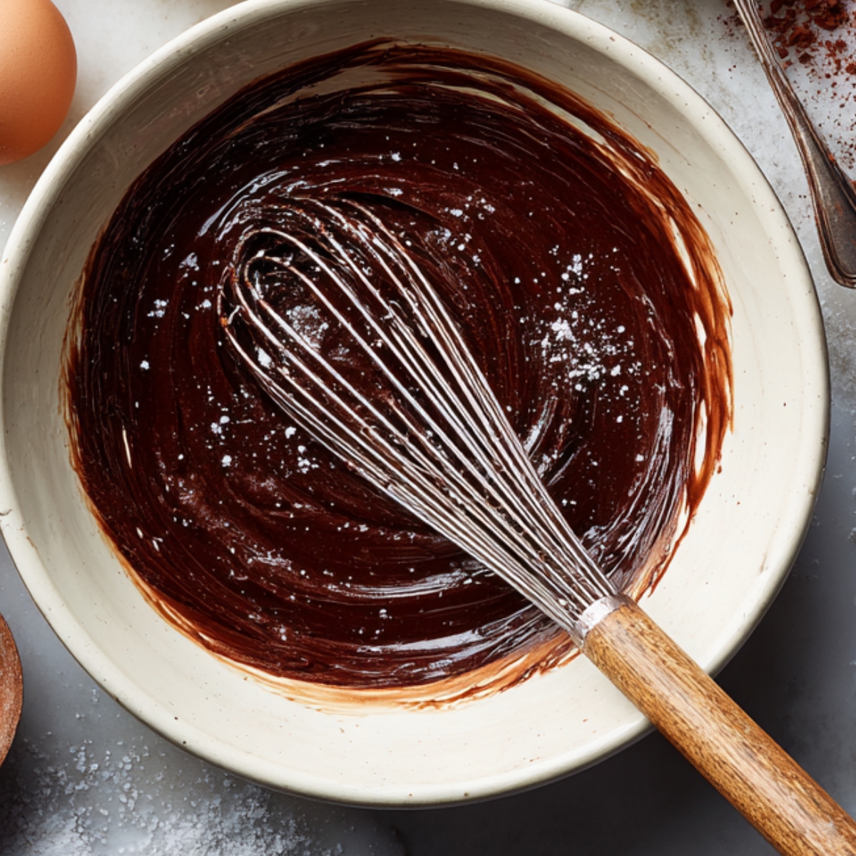 “A mixing bowl filled with glossy, rich chocolate brownie batter being whisked until smooth, with a few sprinkles of flour or sugar dusted on top.”