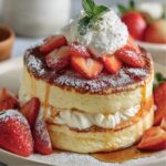 “Fluffy Japanese souffle pancakes stacked with whipped cream, fresh strawberries, and maple syrup, dusted with powdered sugar and topped with mint.”
