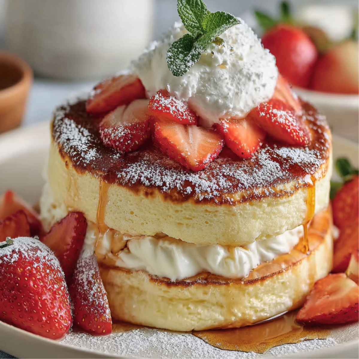 “Fluffy Japanese souffle pancakes stacked with whipped cream, fresh strawberries, and maple syrup, dusted with powdered sugar and topped with mint.”